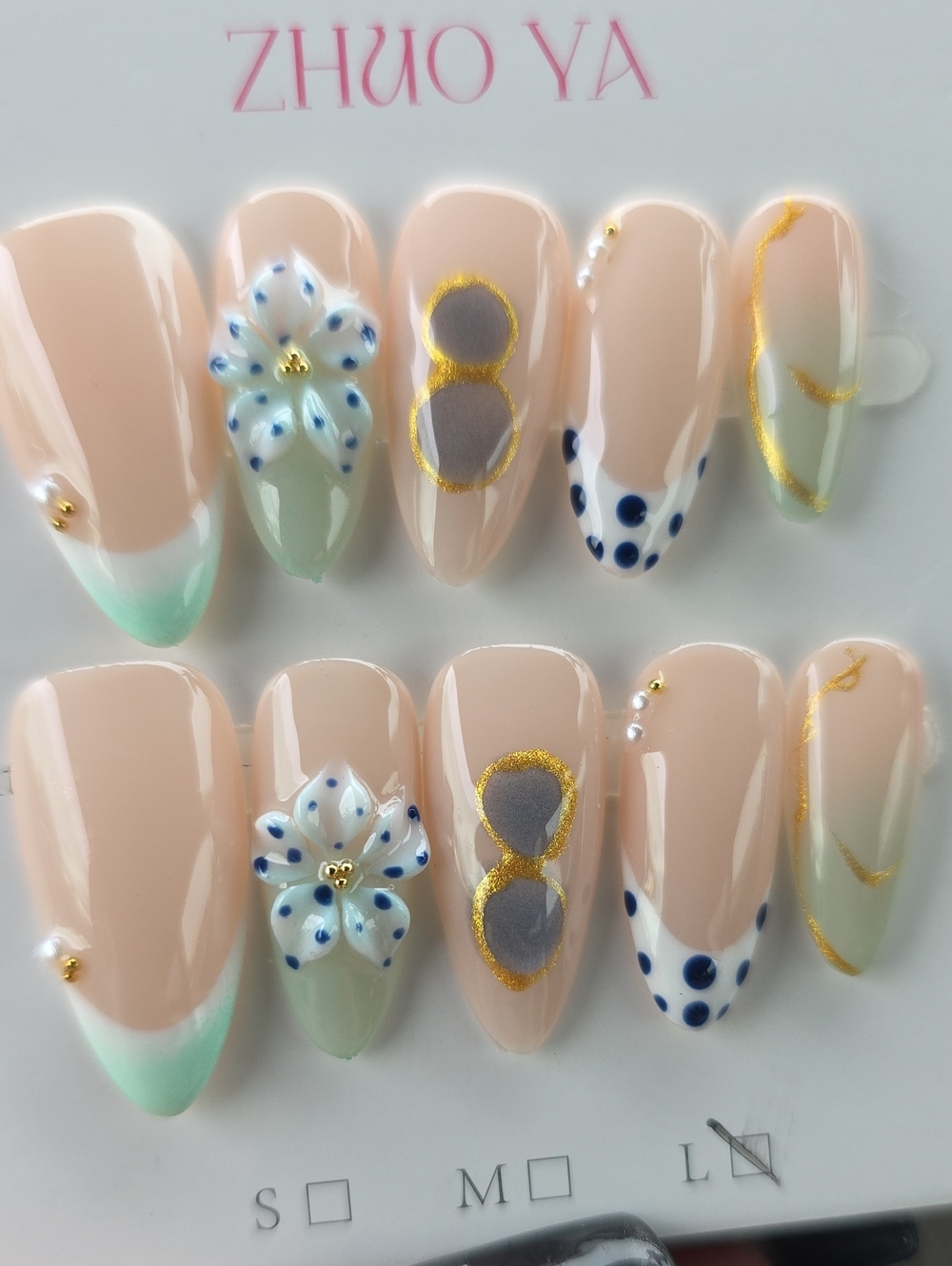 Nude Pink Floral Accent Press-On Nails with Gold Detail Size Large